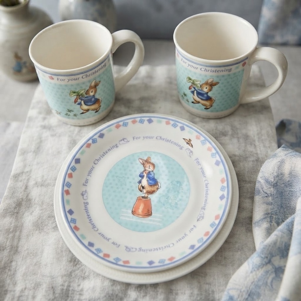 Vintage 2002 Wedgwood Peter Rabbit Christening 3pc Set 2 Mugs 1 Plate England